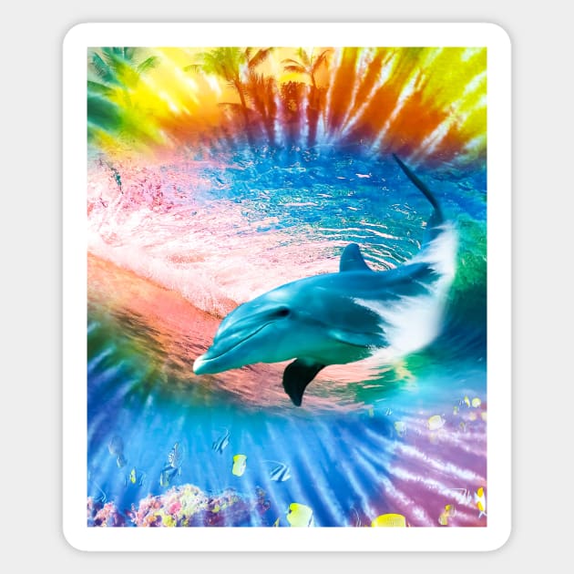 Dolphin Swimming Riding Surfing Wave Tie Tye Dye Sticker by Random Galaxy